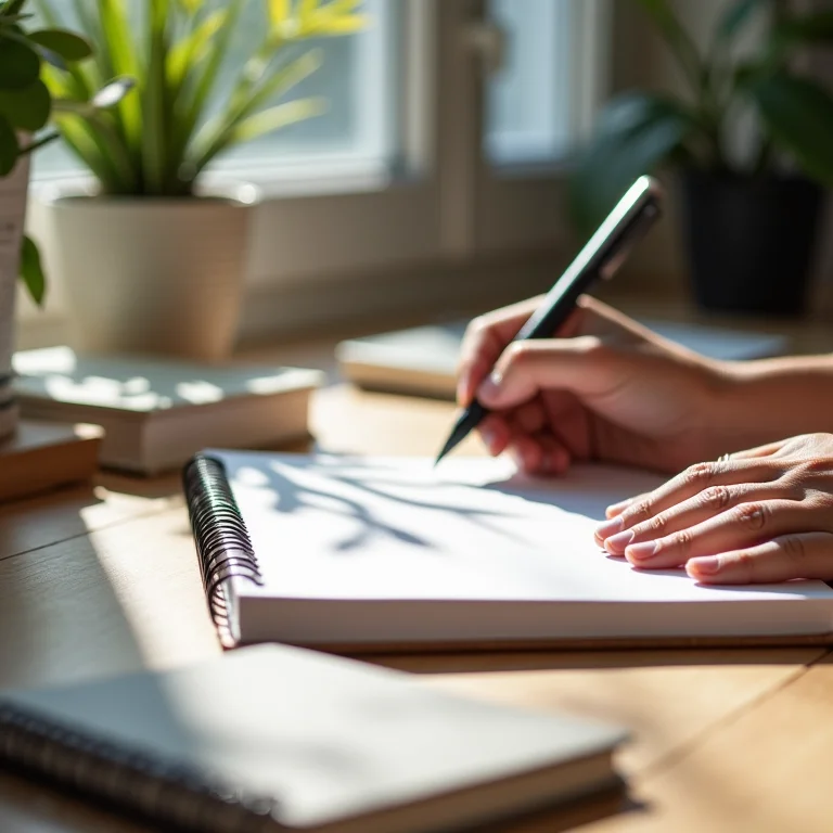 Pessoa escrevendo metas em um caderno em uma mesa organizada.