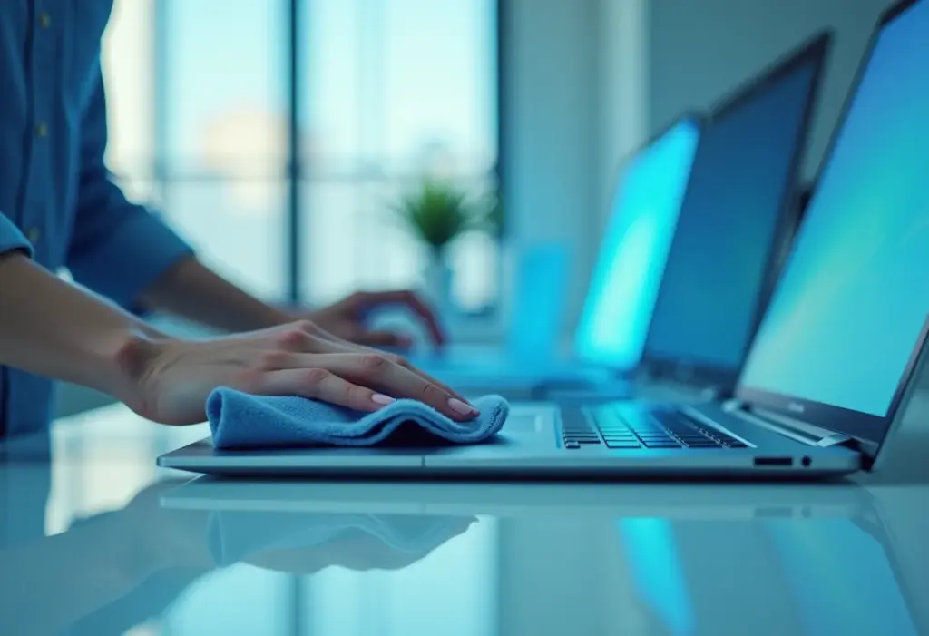 Pessoa limpando cuidadosamente a tela de um notebook com um pano de microfibra em um escritório minimalista.