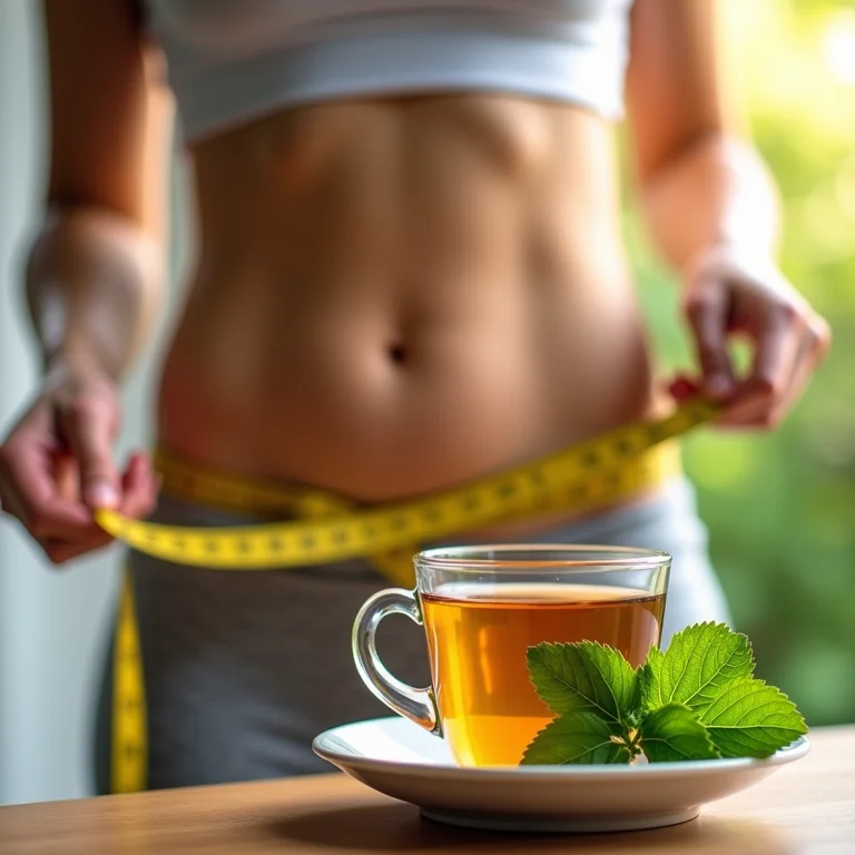 Pessoa medindo a cintura com uma fita métrica ao lado de uma xícara de chá de urtiga