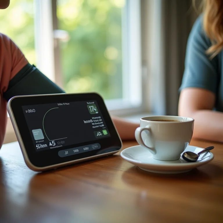 Pessoa medindo a pressão arterial em casa com chá de folha de oliveira ao lado.