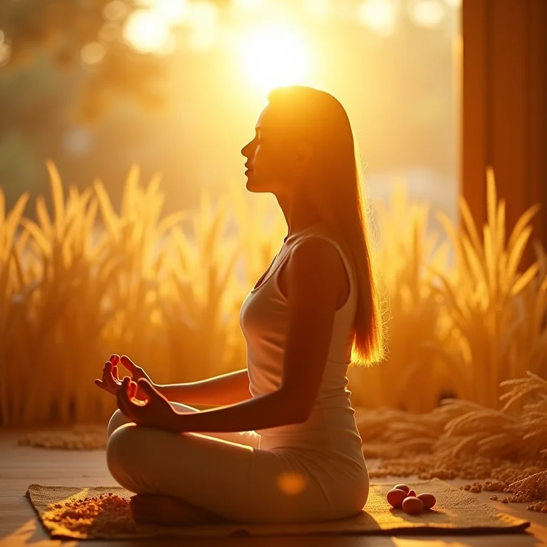 Pessoa meditando com grãos integrais ao fundo.