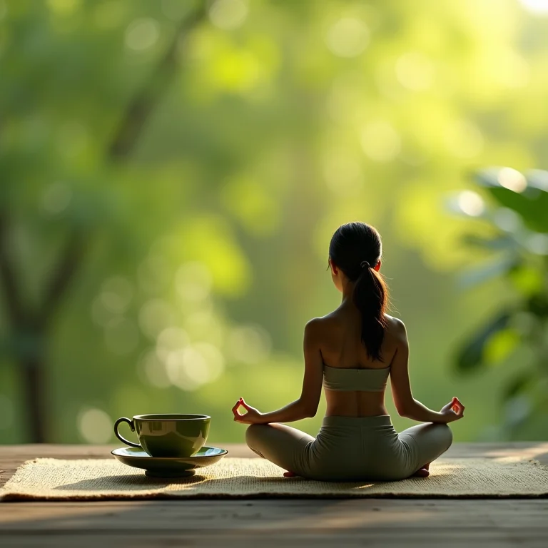 Pessoa meditando com matcha ao lado.