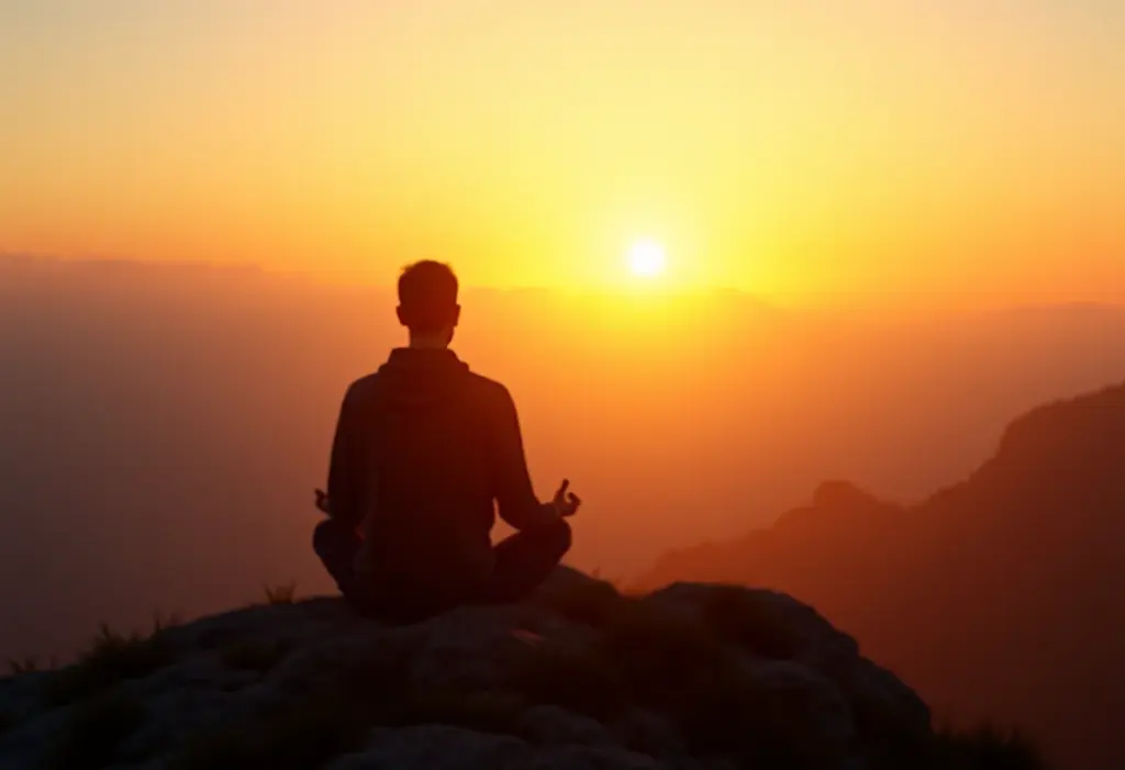 Pessoa meditando no topo da montanha ao nascer do sol