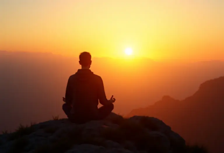 Pessoa meditando no topo da montanha ao nascer do sol