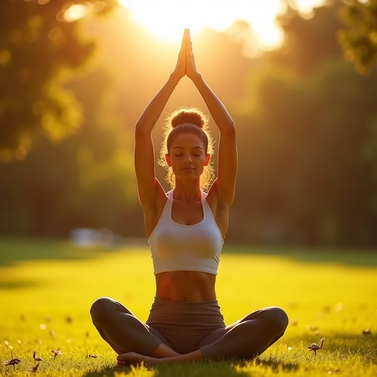 Pessoa praticando yoga ao ar livre, simbolizando o fortalecimento do sistema imunológico com o apoio do alcaçuz.