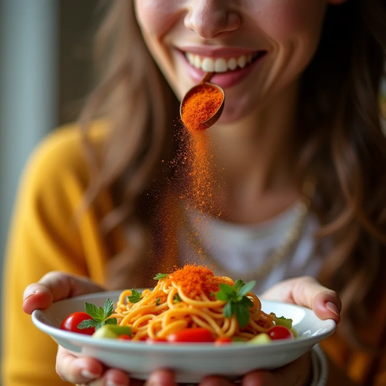 Pessoa saboreando refeição saudável com pimenta caiena.