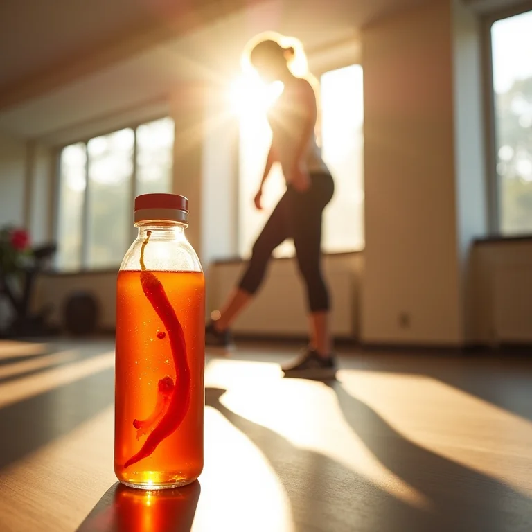 Pessoa se exercitando em academia com água saborizada com pimenta caiena.