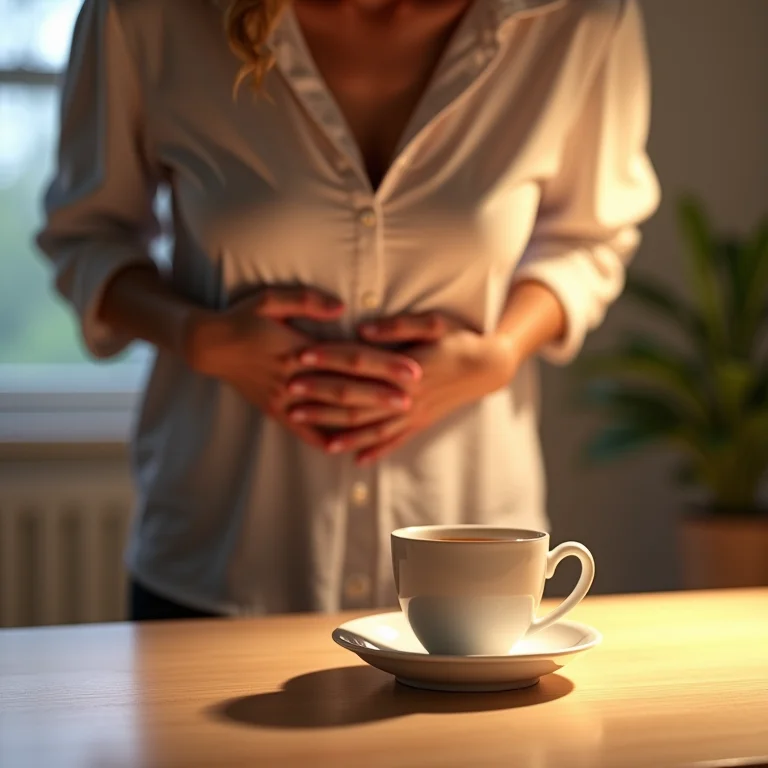 Pessoa sentindo alívio digestivo com chá de lavanda