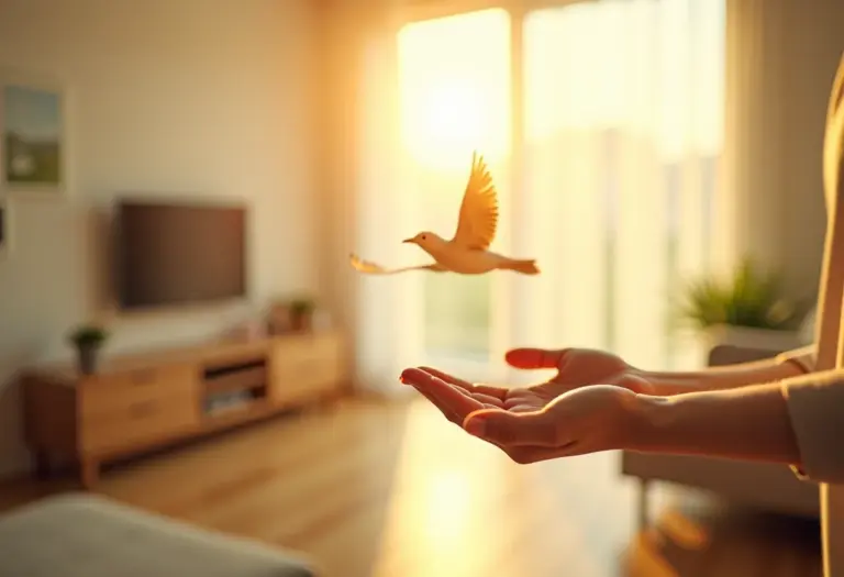 Pessoa soltando um pássaro em um ambiente minimalista e iluminado, representando o desapego.