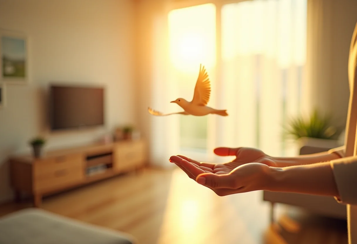 Pessoa soltando um pássaro em um ambiente minimalista e iluminado, representando o desapego.
