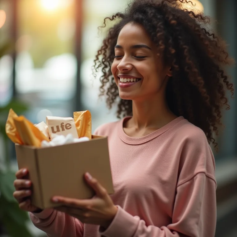 Pessoa sorrindo ao doar itens para caridade.