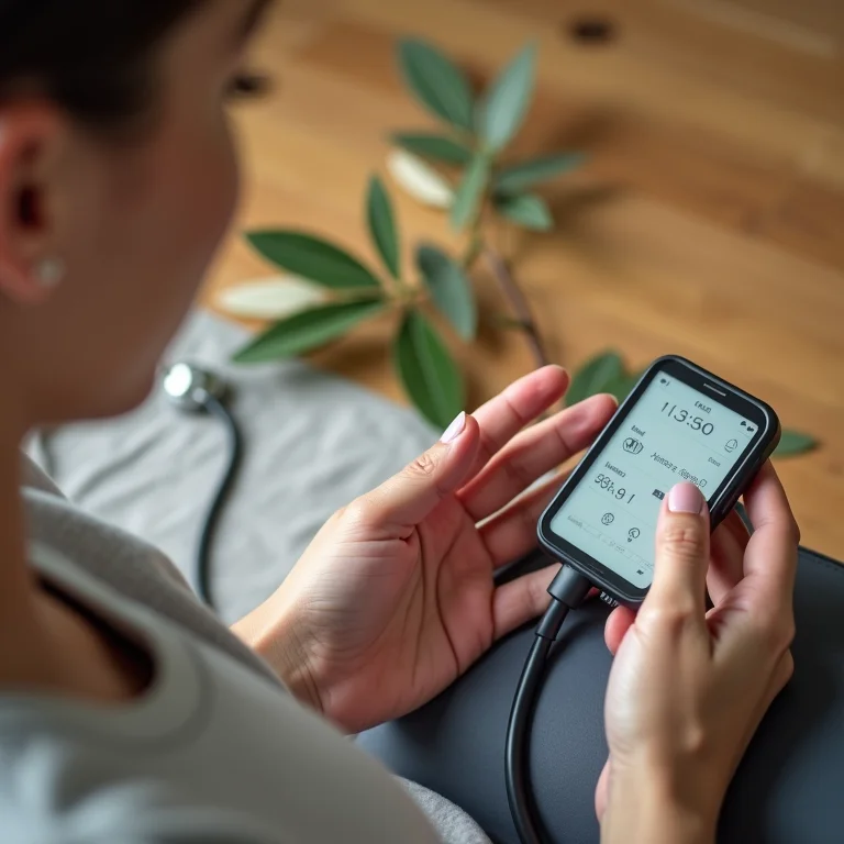 Pessoa verificando a pressão arterial com folhas de oliveira próximas, representando a possibilidade de redução da pressão alta.