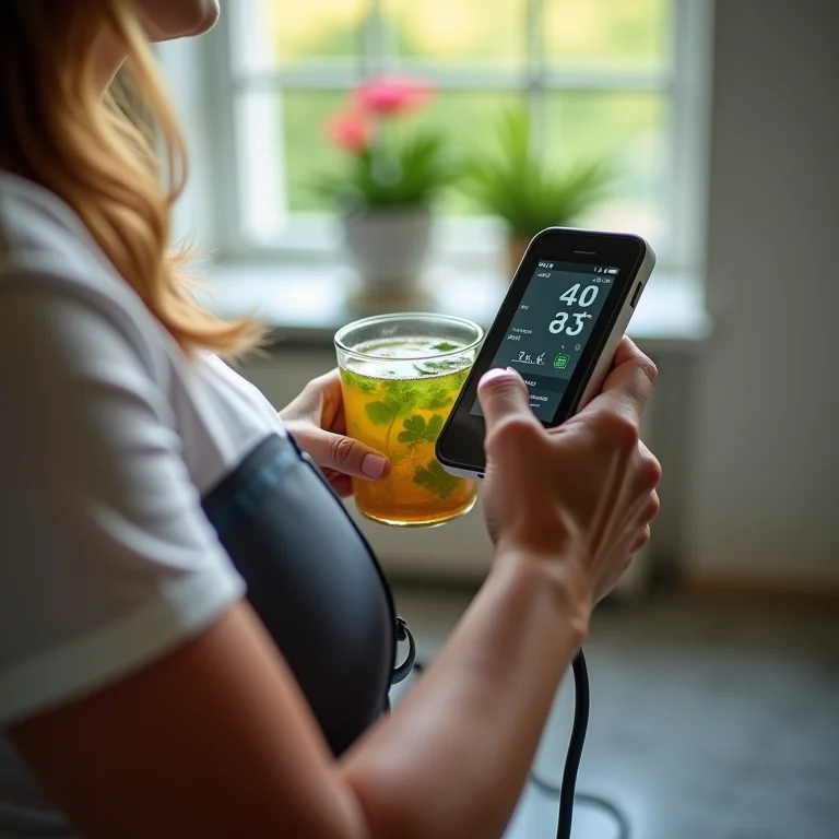 Pessoa verificando a pressão arterial enquanto segura chá de salsa.
