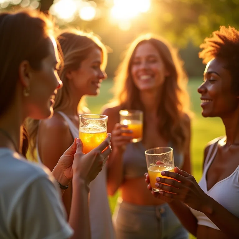 Pessoas desfrutando bebidas com camomila em ambiente natural.