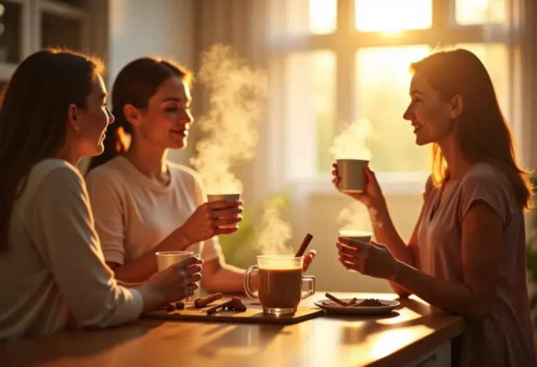 Pessoas diversas apreciando bebidas com canela em uma cozinha moderna e ensolarada