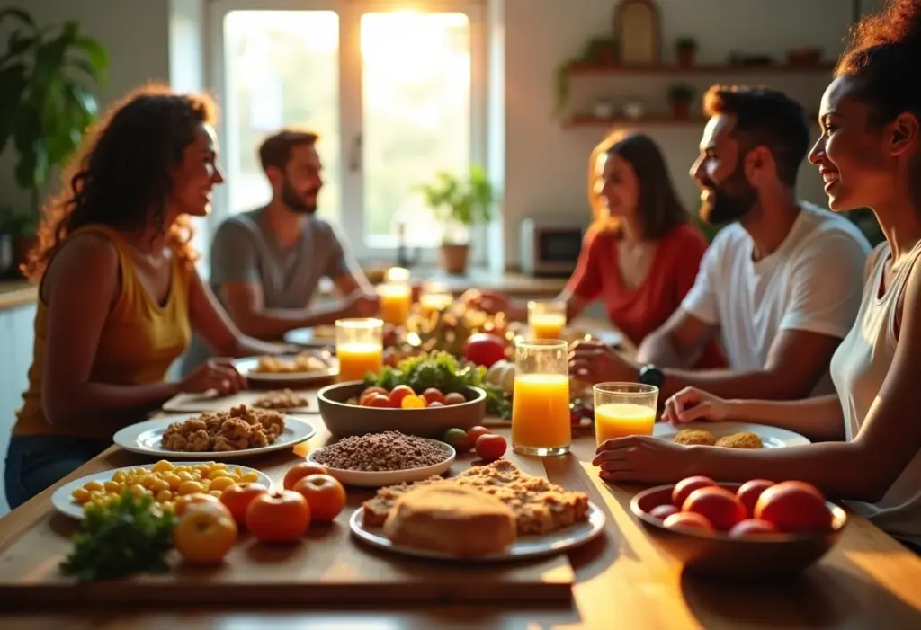 Pessoas diversas desfrutando de café da manhã saudável com grãos integrais.