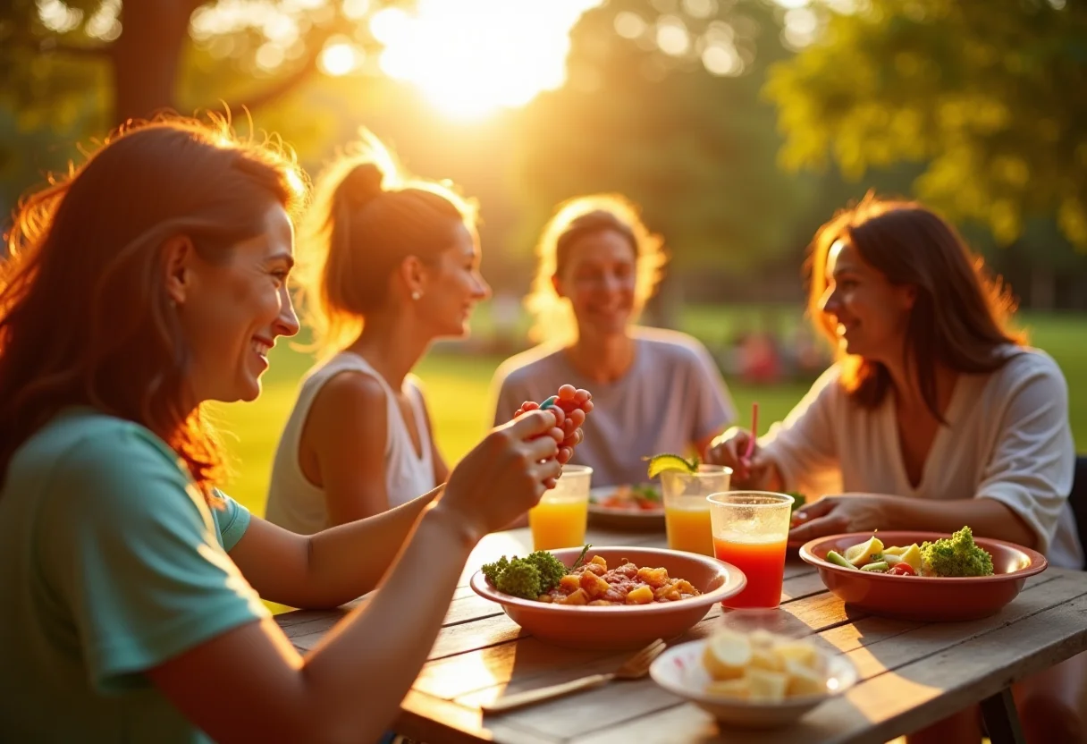 Pessoas diversas desfrutando de refeições saudáveis e atividades em um parque ensolarado.