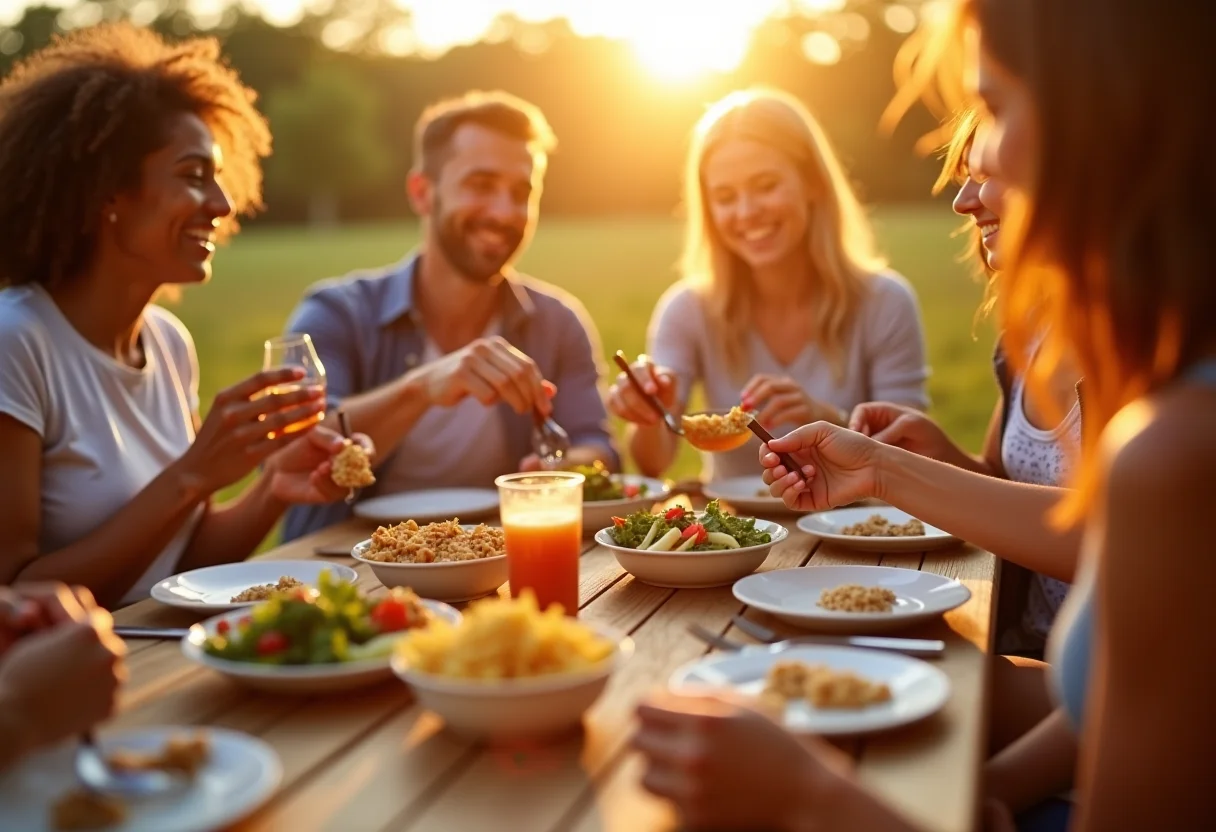 Pessoas diversas desfrutando de uma refeição saudável ao ar livre com grãos integrais.