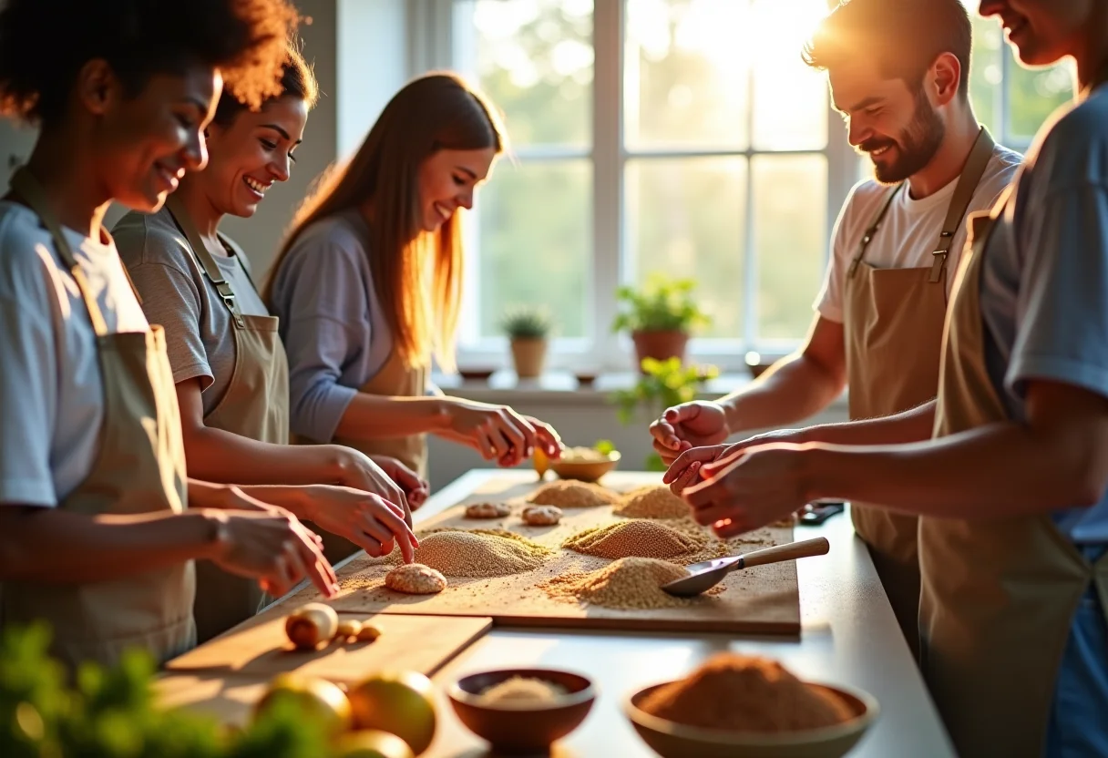 Pessoas diversas preparando refeição saudável com grãos integrais.