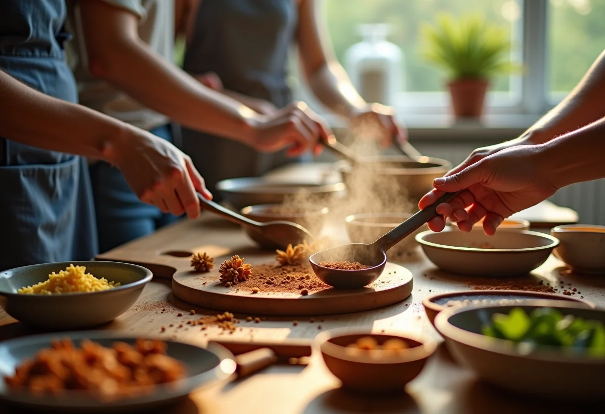 Pessoas preparando refeições saudáveis com canela e especiarias.