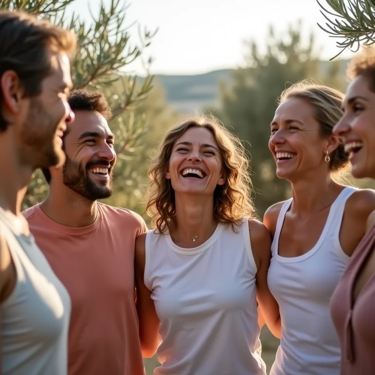 Pessoas saudáveis desfrutando ao ar livre, com oliveiras ao fundo, representando o aumento da imunidade.