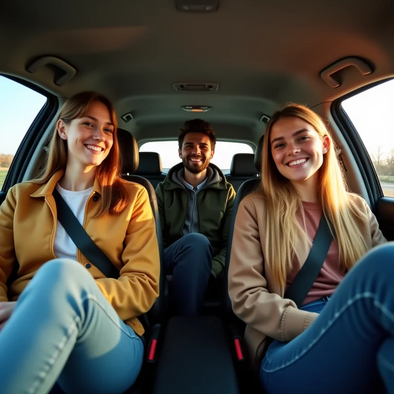 Pessoas vestindo roupas confortáveis dentro de um carro.