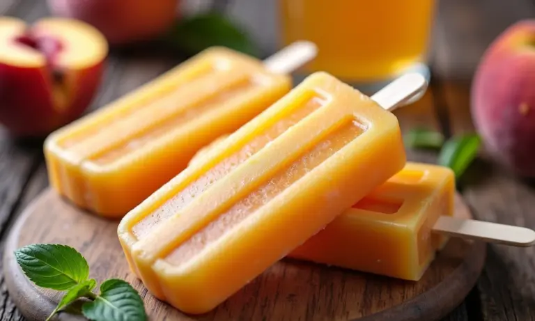 Picolés caseiros de chá de pêssego em mesa de madeira.