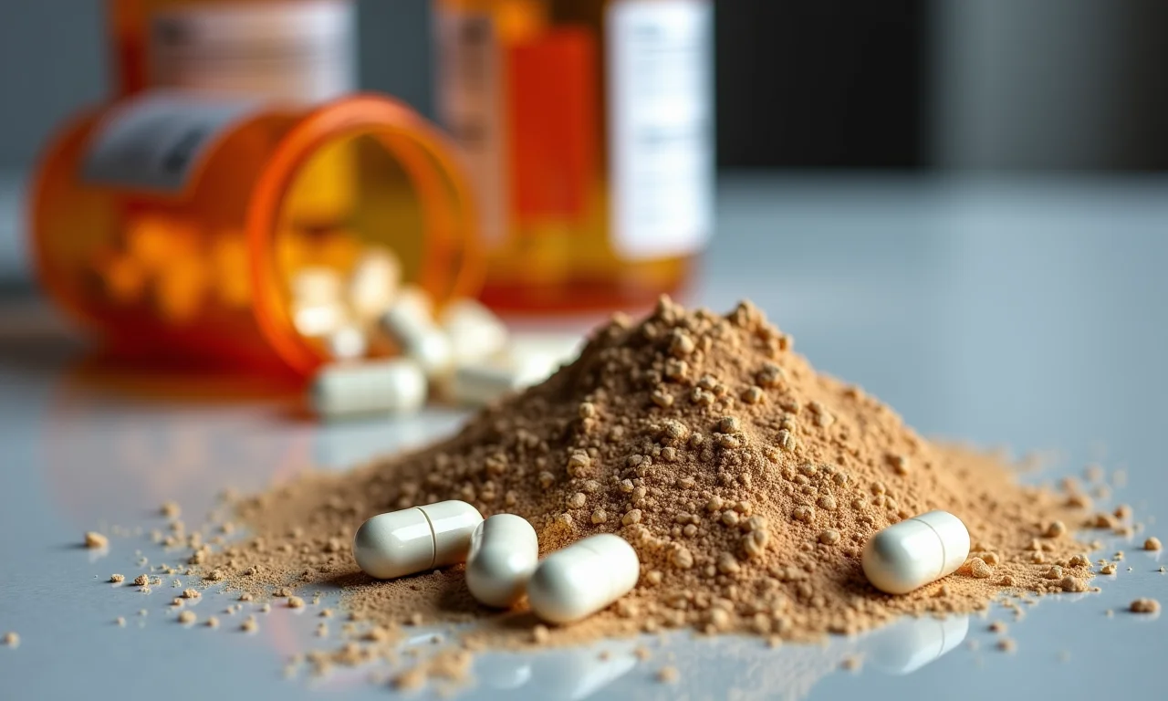 Pílulas e farinha de linhaça na mesa, interação medicamentosa.