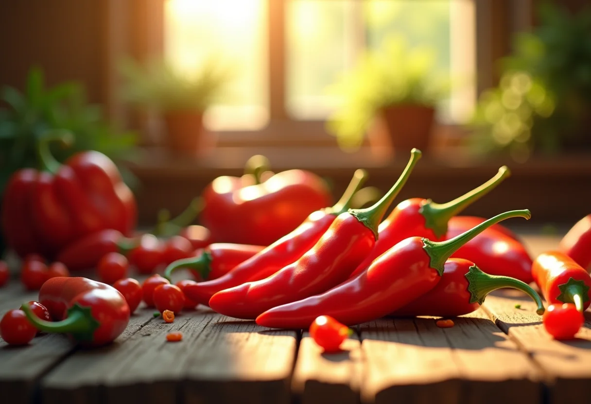 Pimenta caiena em pó sobre mesa de madeira rústica com luz solar.