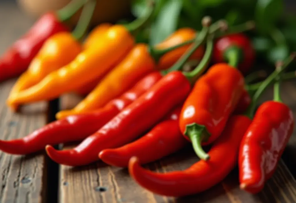 Pimenta caiena vibrante espalhada em mesa de madeira rústica.