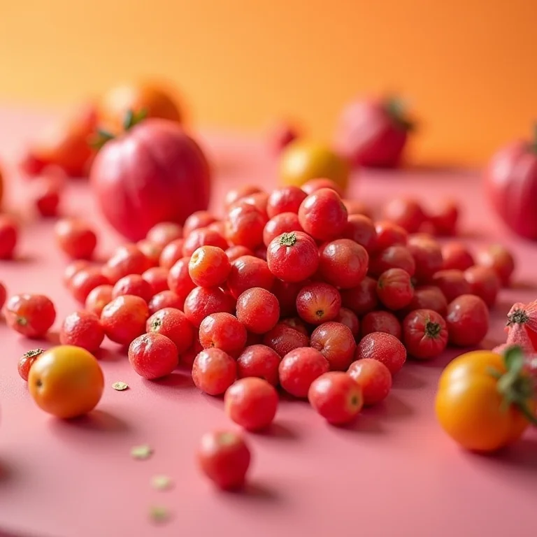 Pimenta rosa ao redor de frutas coloridas.