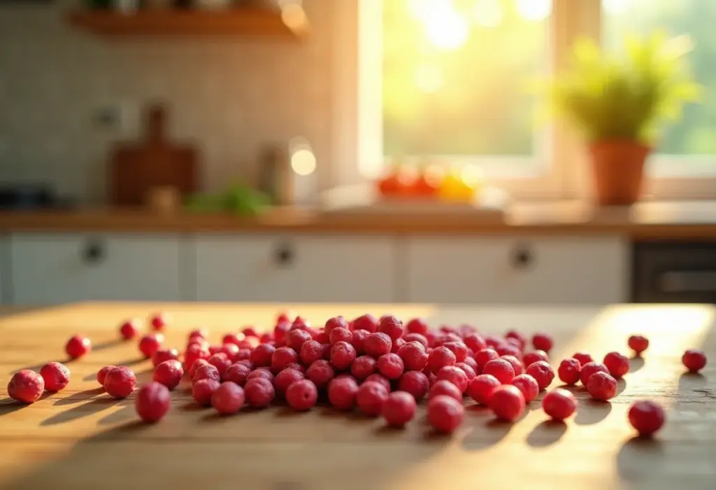 Pimenta rosa espalhada sobre mesa de madeira rústica.