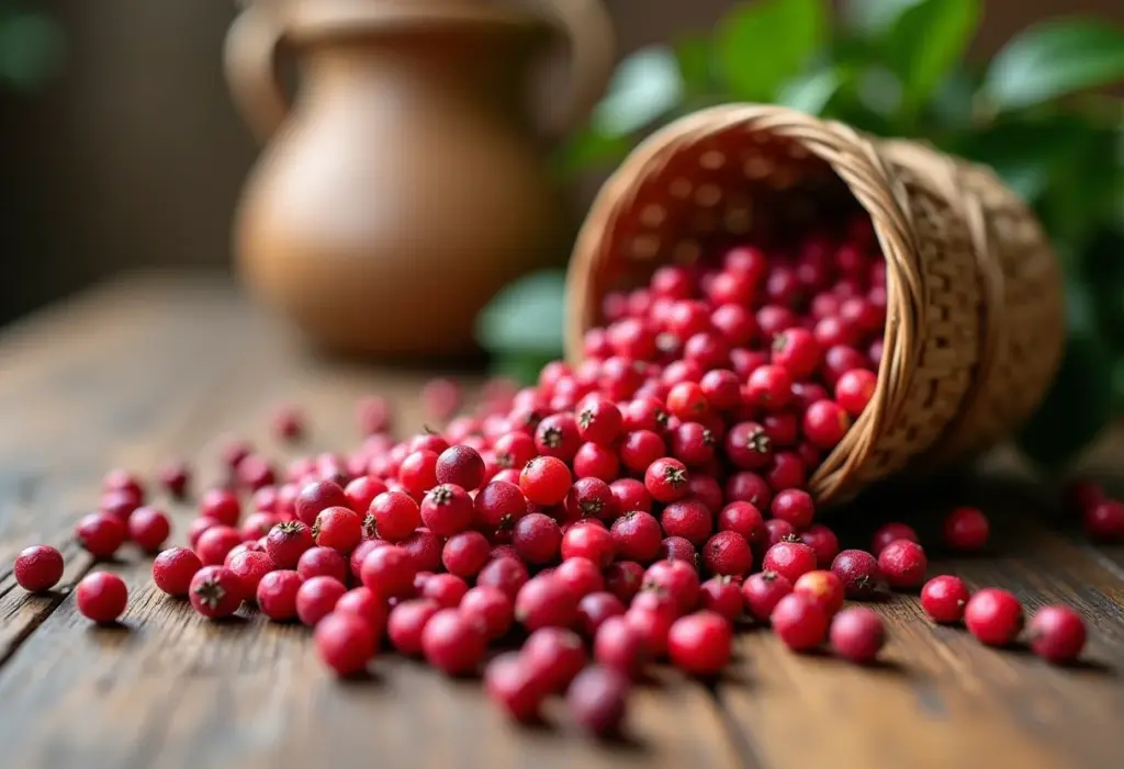 Pimenta rosa exibida em uma mesa de madeira rústica com luz suave.