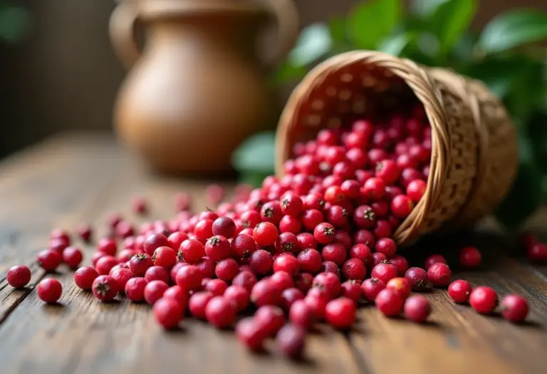 Pimenta rosa exibida em uma mesa de madeira rústica com luz suave.
