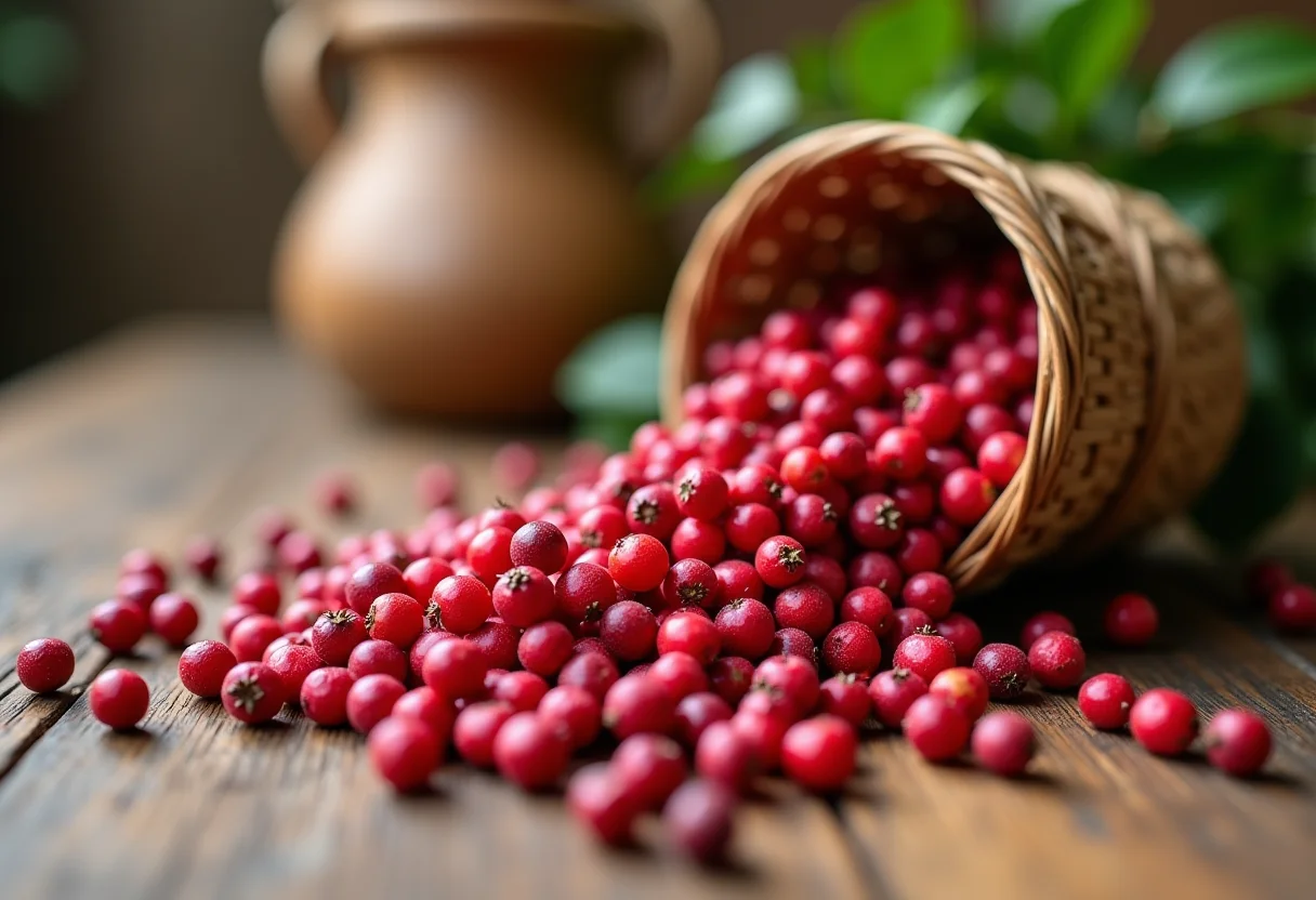 Pimenta rosa exibida em uma mesa de madeira rústica com luz suave.