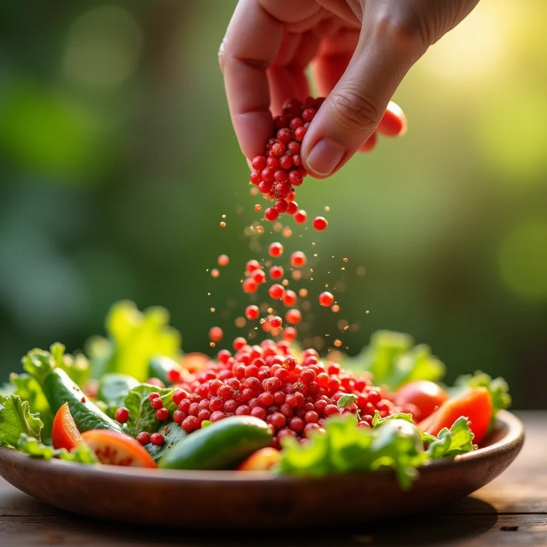 Pimenta rosa sendo adicionada a uma salada fresca.