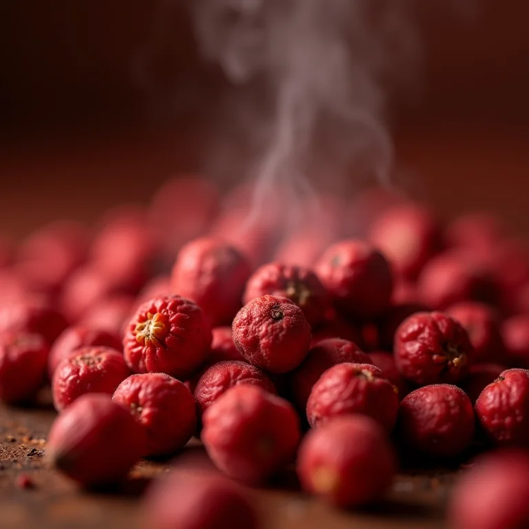 Pimenta rosa sendo amassada para liberar aroma.