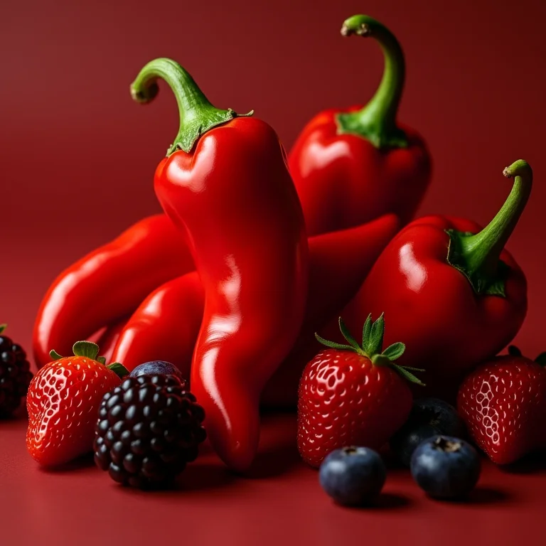 Pimentas caiena frescas com alimentos ricos em antioxidantes.