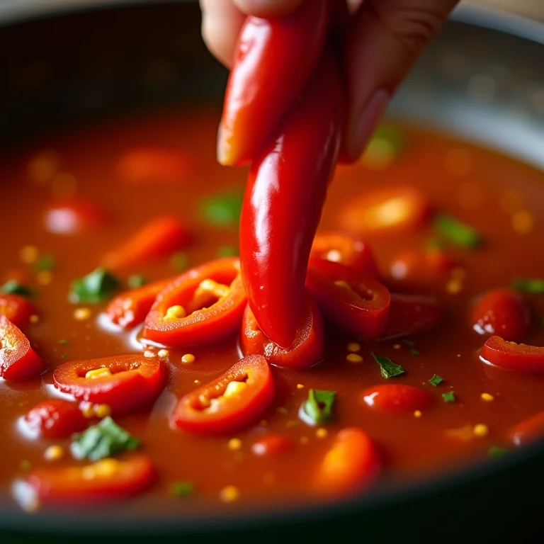 Pimentas sendo adicionadas a uma caldeirada de peixe.