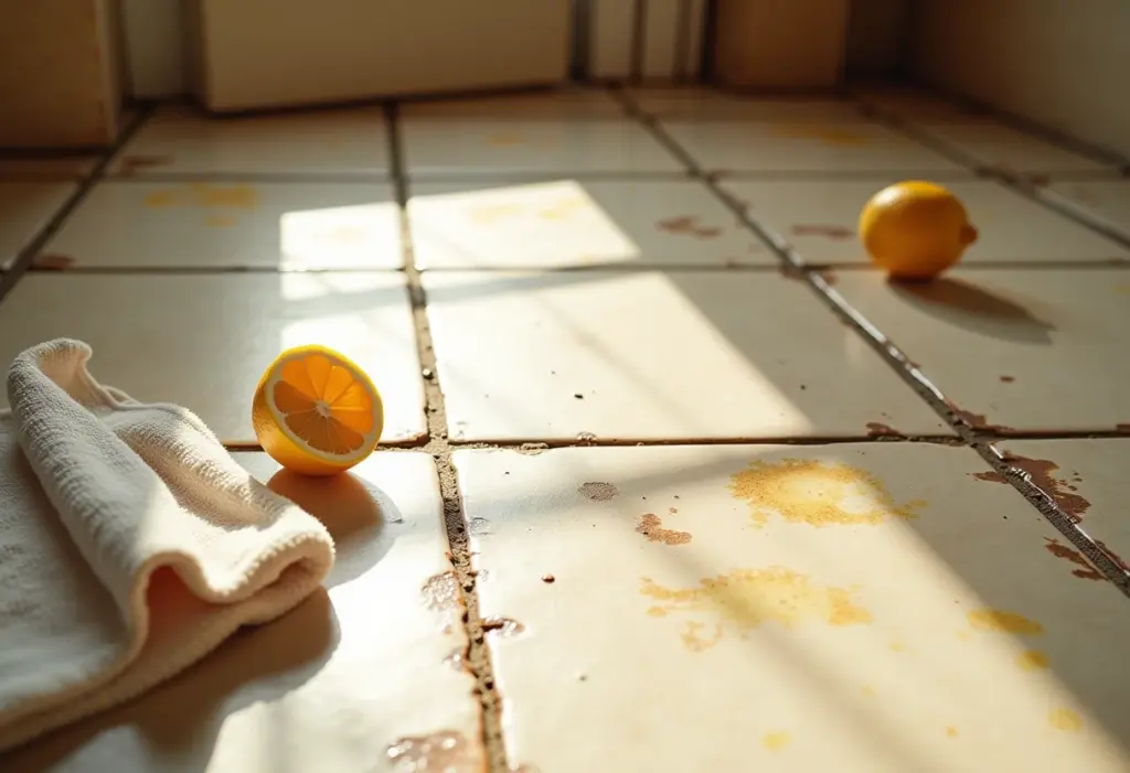 Piso de cerâmica com manchas de ferrugem e produtos de limpeza ao lado.