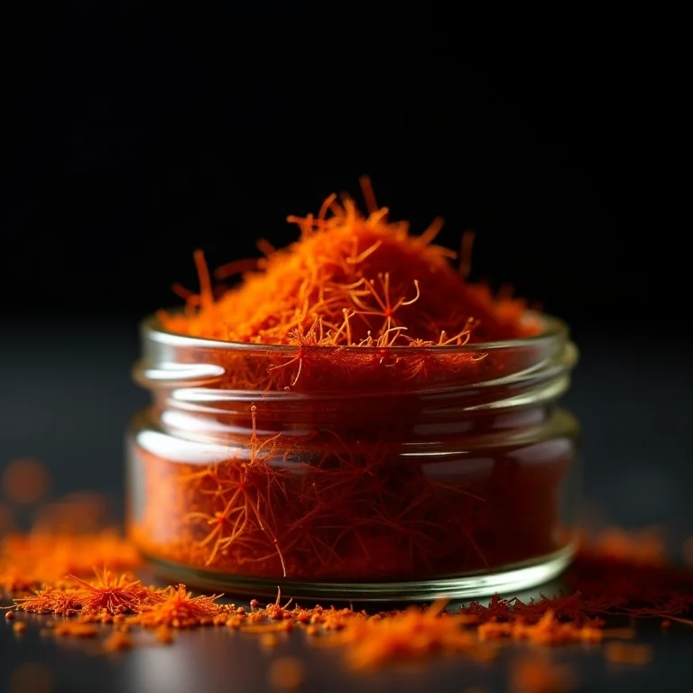 Pistilos de açafrão de alta qualidade em um pote de vidro.