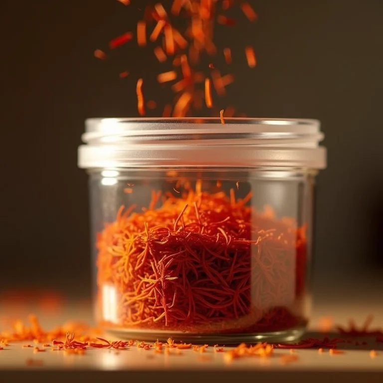 Pistilos de açafrão sendo armazenados em um recipiente hermético.