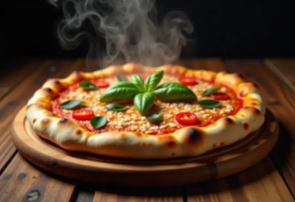 Pizza de aveia crocante sobre mesa rústica.