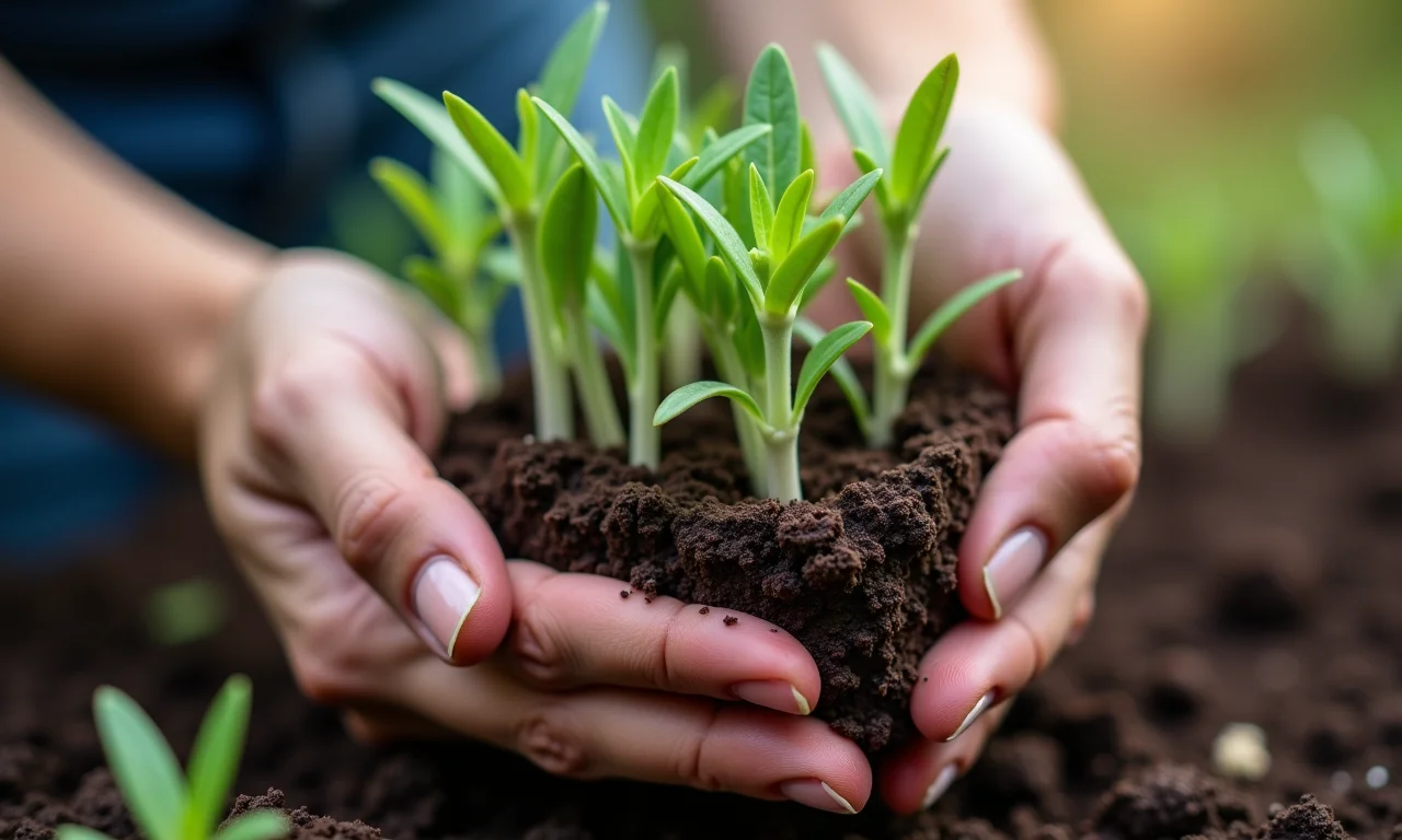 Plantando mudas de alfazema em um vaso.