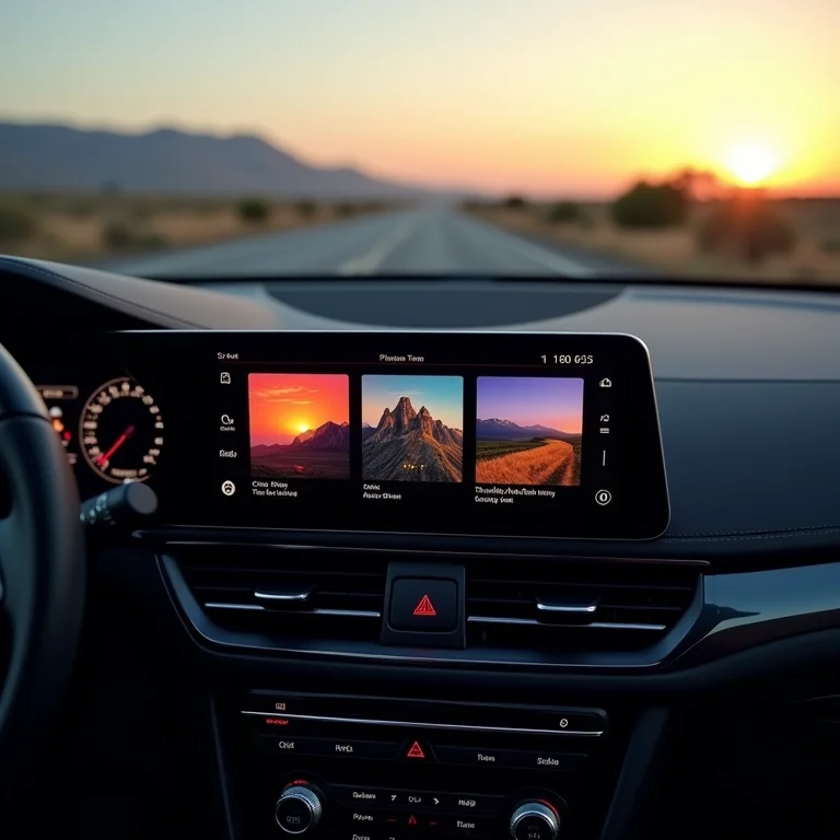 Playlist de road trip exibida no sistema de infotainment de um carro, promovendo uma viagem relaxante