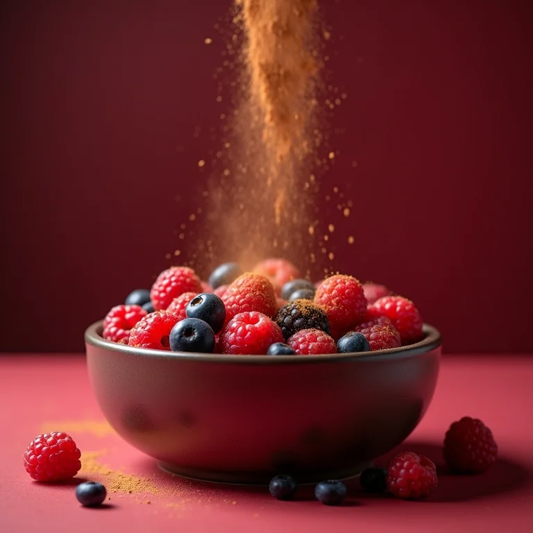 Pó de canela sendo polvilhado sobre uma tigela de frutas vermelhas, destacando sua ação antioxidante.