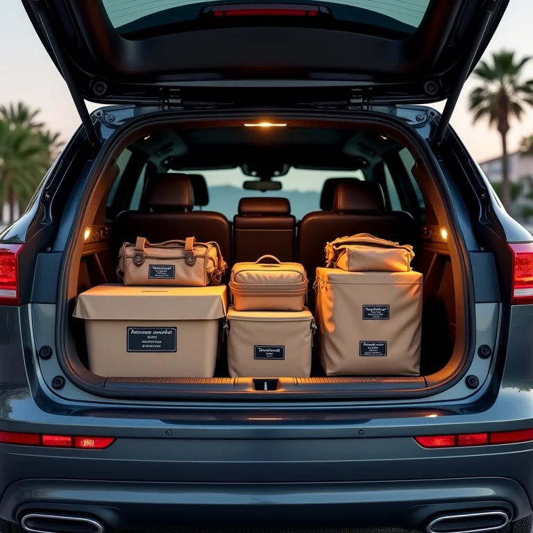 Porta-malas de carro organizado com caixas e compartimentos, mostrando a otimização do espaço interno
