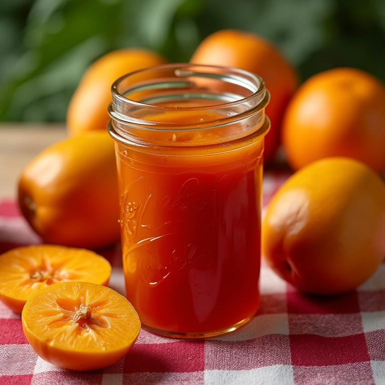 Pote de geleia caseira de mangaba em uma toalha xadrez.