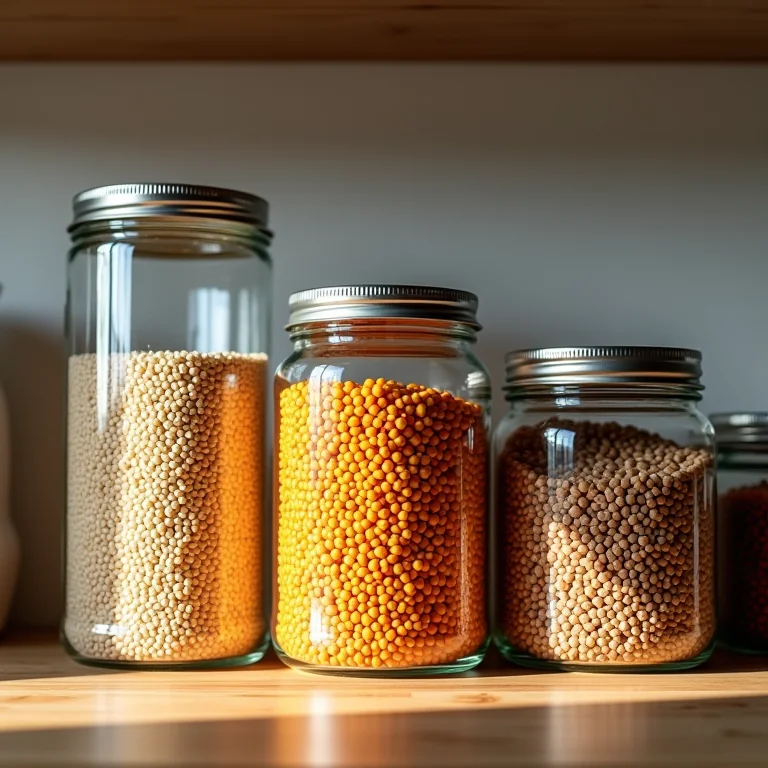 Potes de vidro e inox com grãos e leguminosas coloridas.