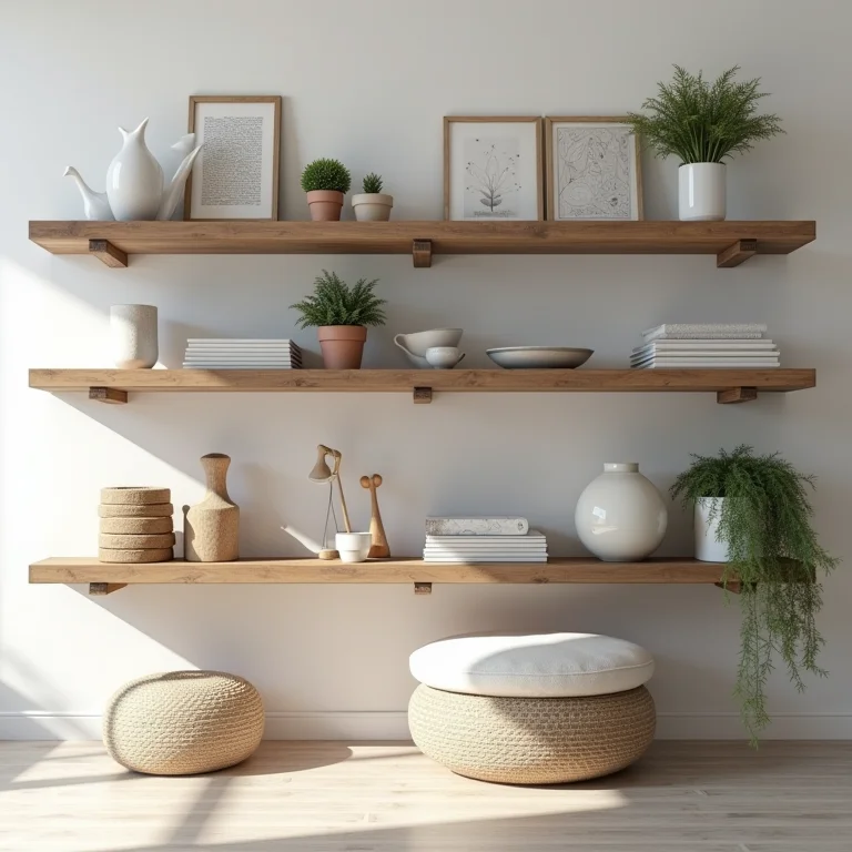 Prateleiras de pallets organizando objetos em um ambiente minimalista